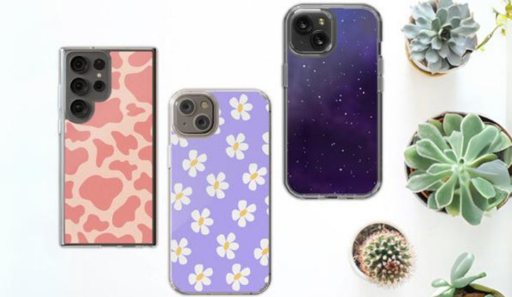 custom phone cases with different patters on a with table with succulents on the right side