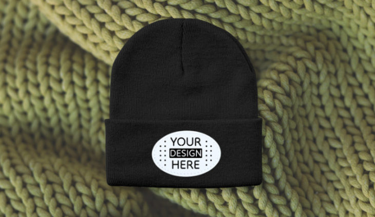 black beanie that says your design here