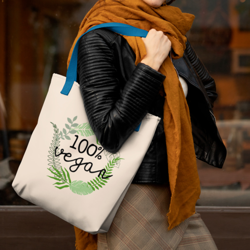 Photo of "100% Vegan" Canvas Tote-Bag with Blue Handles