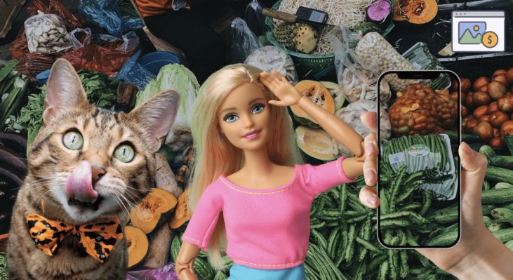 Image of cat, barbie, phone and vegetables in the background as an example of stock photos.
