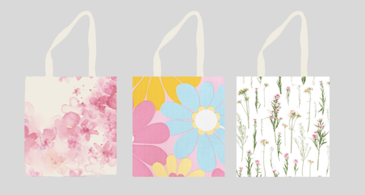 3 totebags with floral patterns