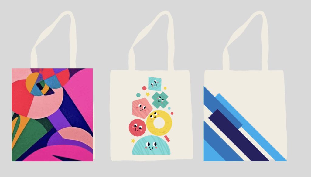 Tote bags with geometric shapes.