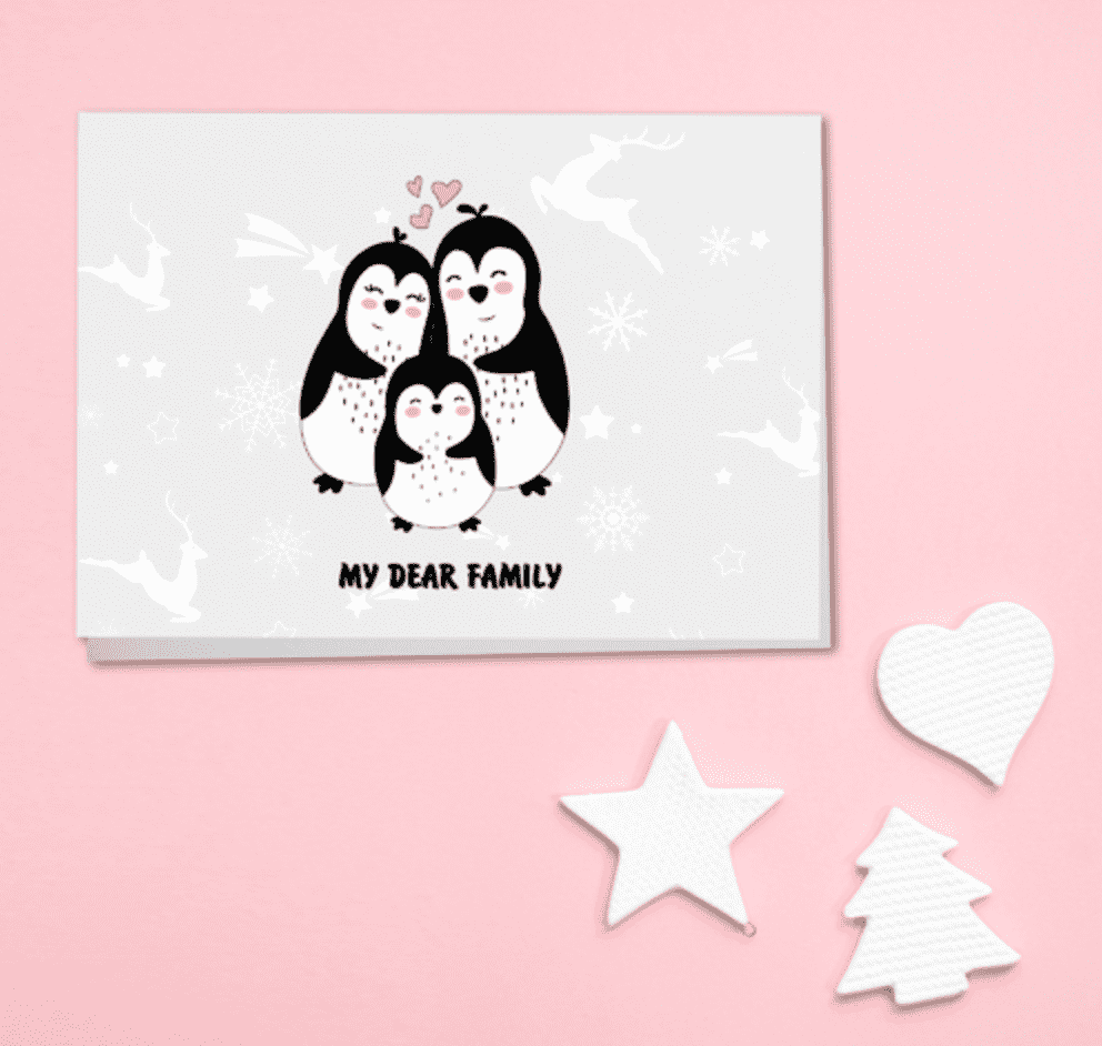 Horizontal Folded Greeting Cards with Envelope With a Cute Penguin Family Sample Design