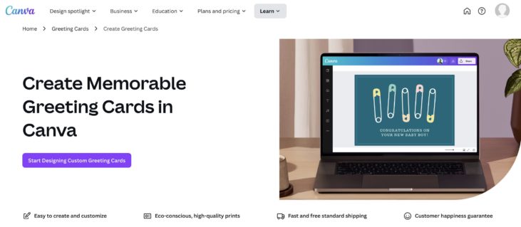 Canva's landing page where you can create greeting cards